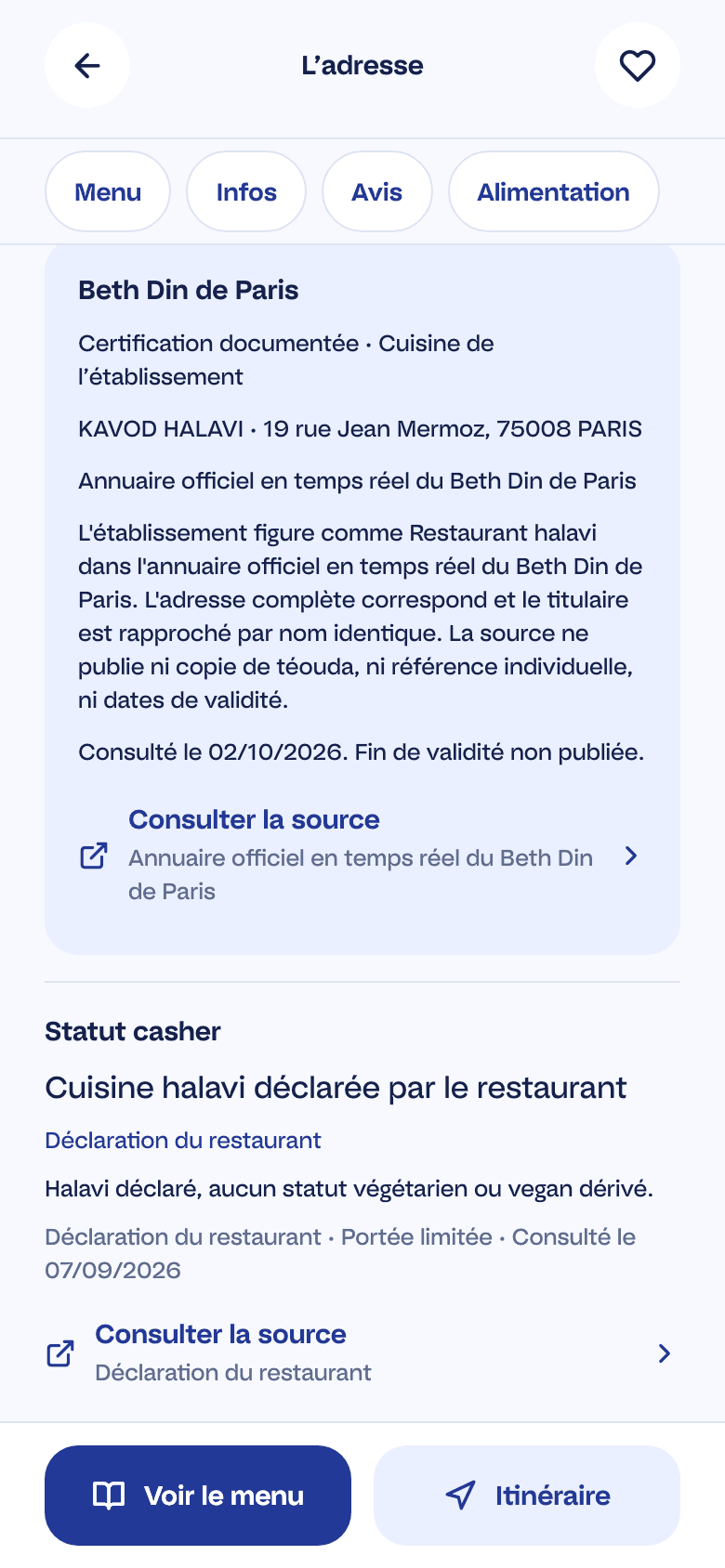 Une fiche Keila : la certification casher, l’organisme, la source et la date de vérification, séparées de ce que le restaurant déclare.